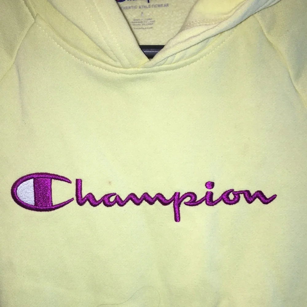 Champion Yellow Hoodie with Purple Logo | Fleece Lined Sweatshirt | Kids Size L